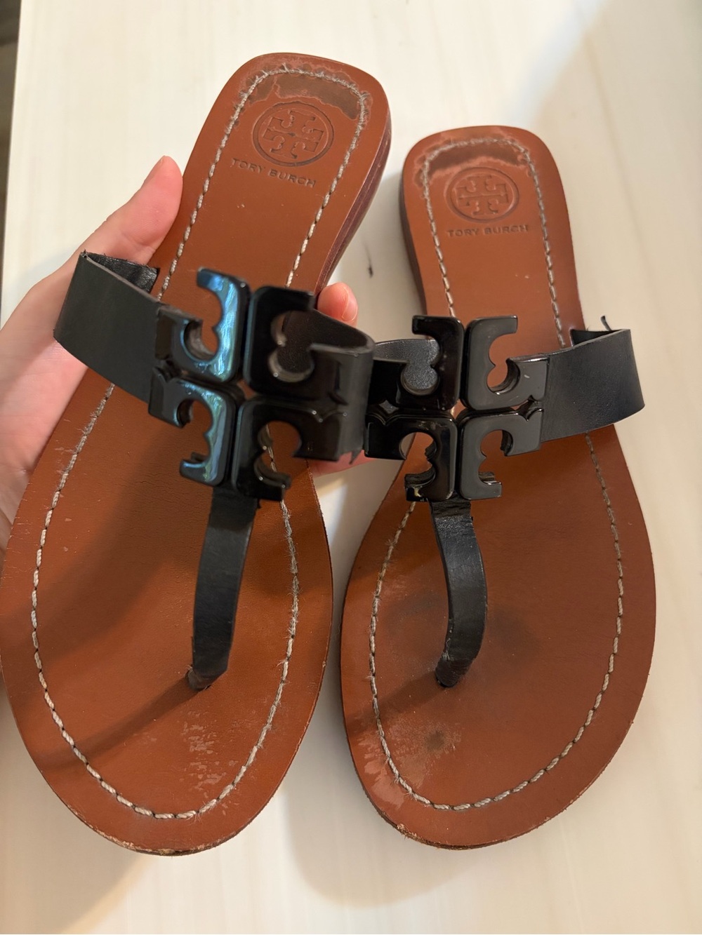 Tory Burch Black Logo Leather Thong Sandals with Brown Footbed